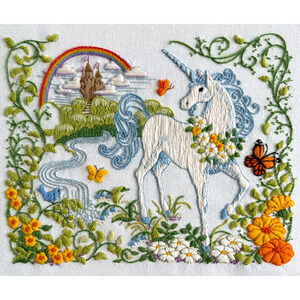 Vintage Framed Unicorn Kingdom Crewel Embroidery Floral Boho Cottage Rainbow HTF